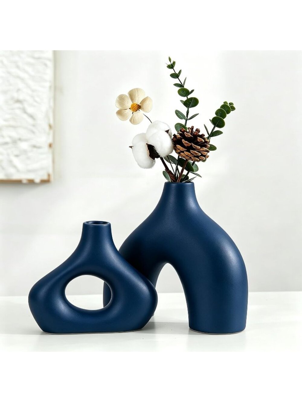 Modern Blue Ceramic Round Matte Donut Vase Set Of 2 For Living Room Decoration